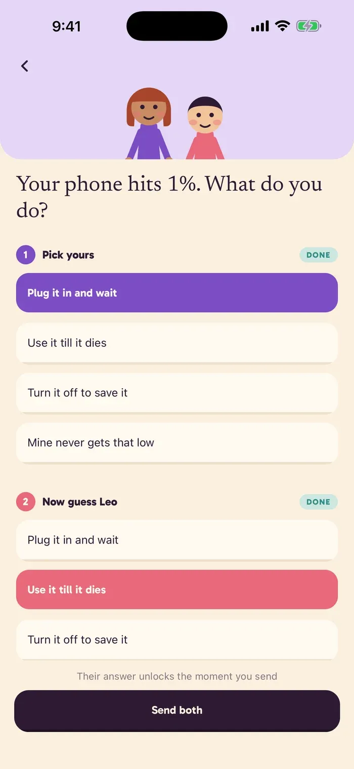 Twosies question screen: “Your phone hits 1%. What do you do?” with four answers and a second step to guess the partner’s