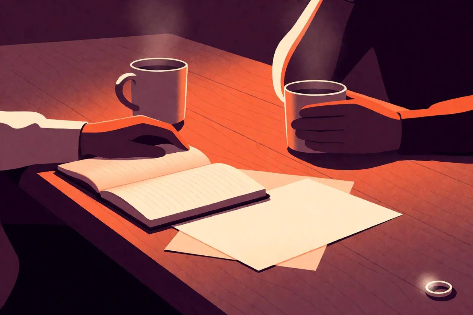 Two people at a kitchen table late in the evening, hands near two mugs and a notebook with two sheets of paper, a quiet talk before the wedding.