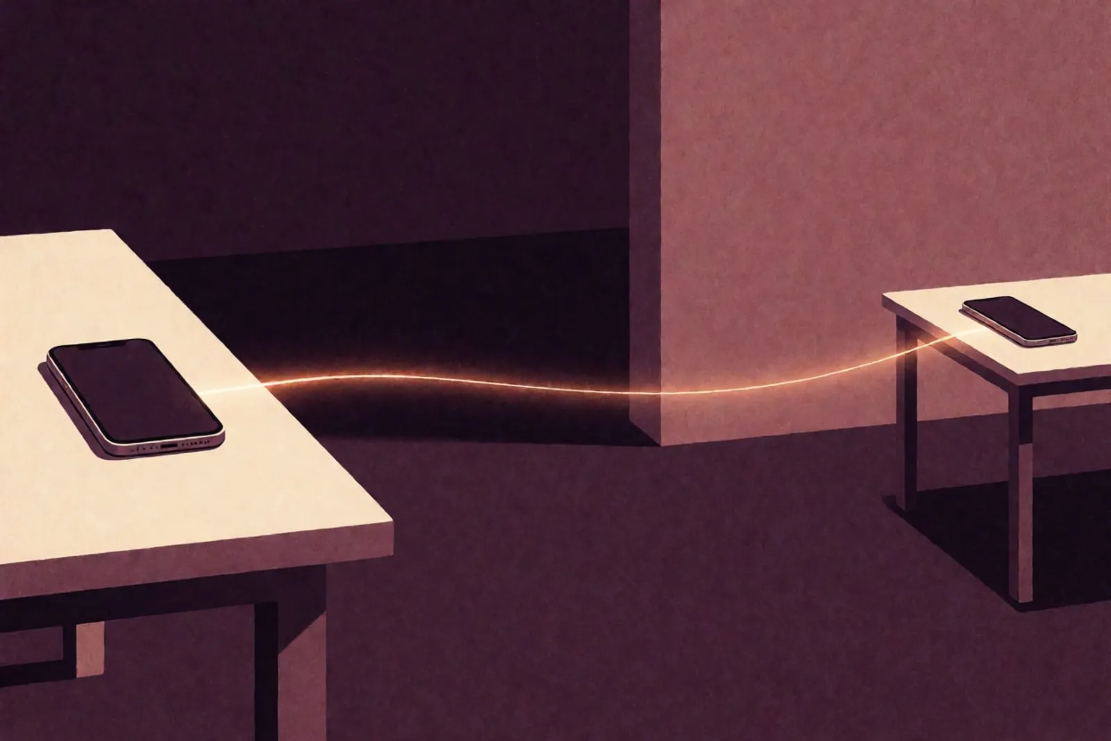 Two phones on two different tables, each lit by a small warm glow and joined by a thin line of light across the page.