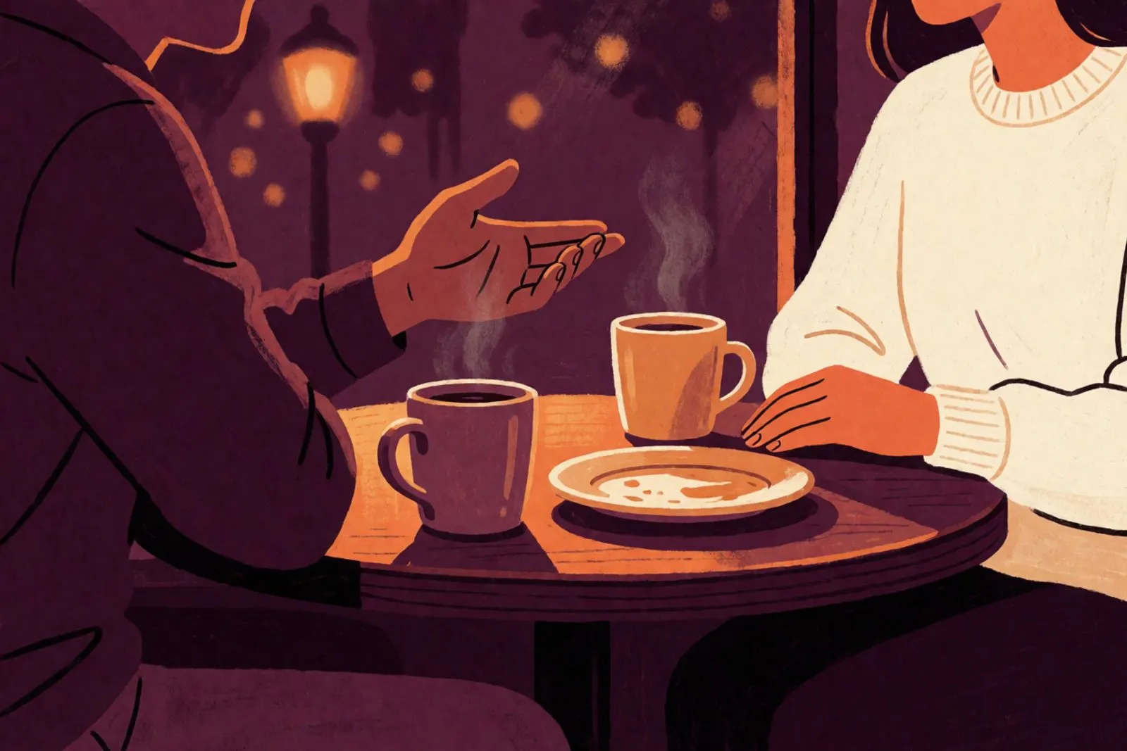 Two coffee cups and a small candle on a dinner table, two hands near each other, a relaxed first-weeks evening.