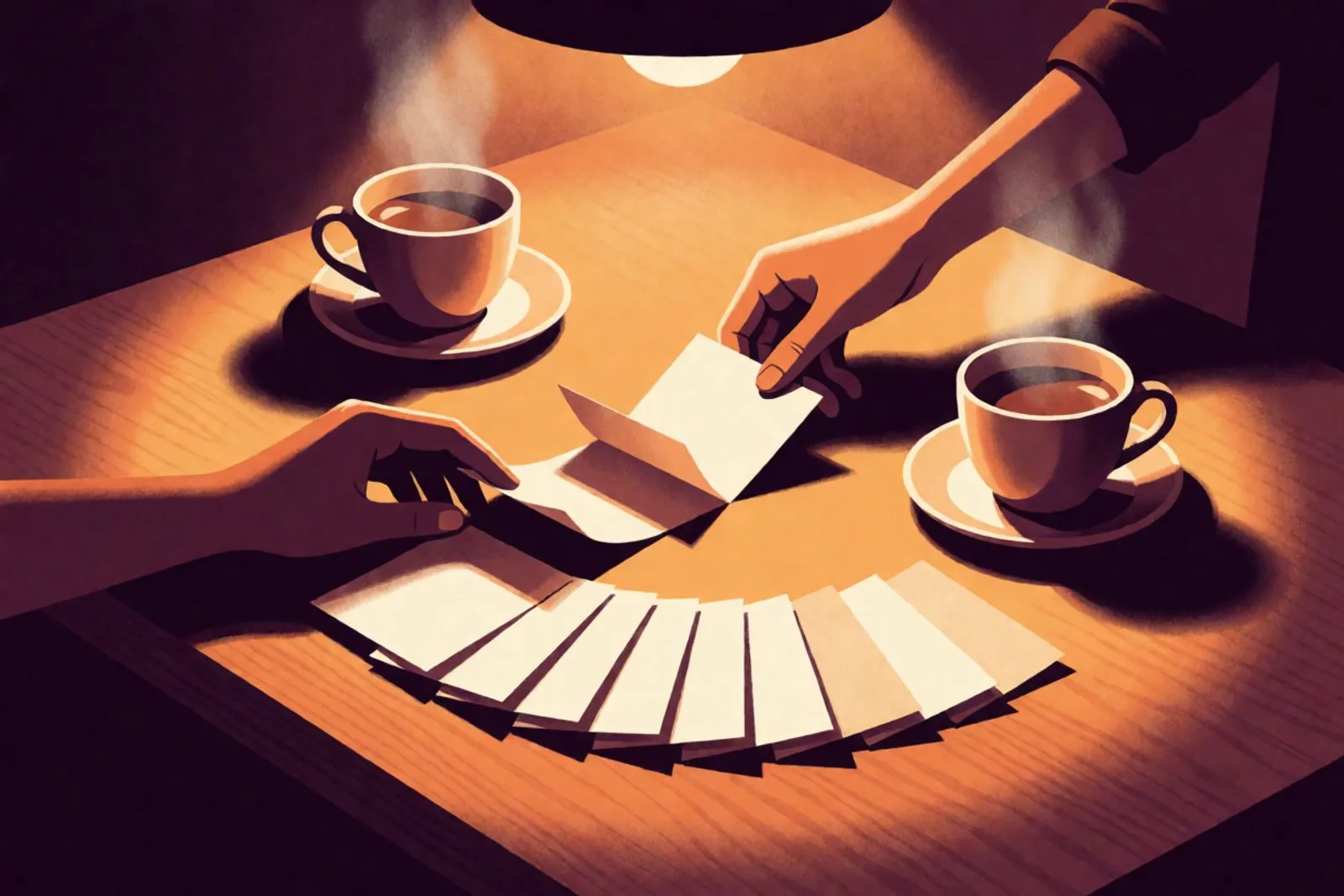 A small stack of blank cards between two mugs on a low table, two hands reaching for the top card, a calm evening.