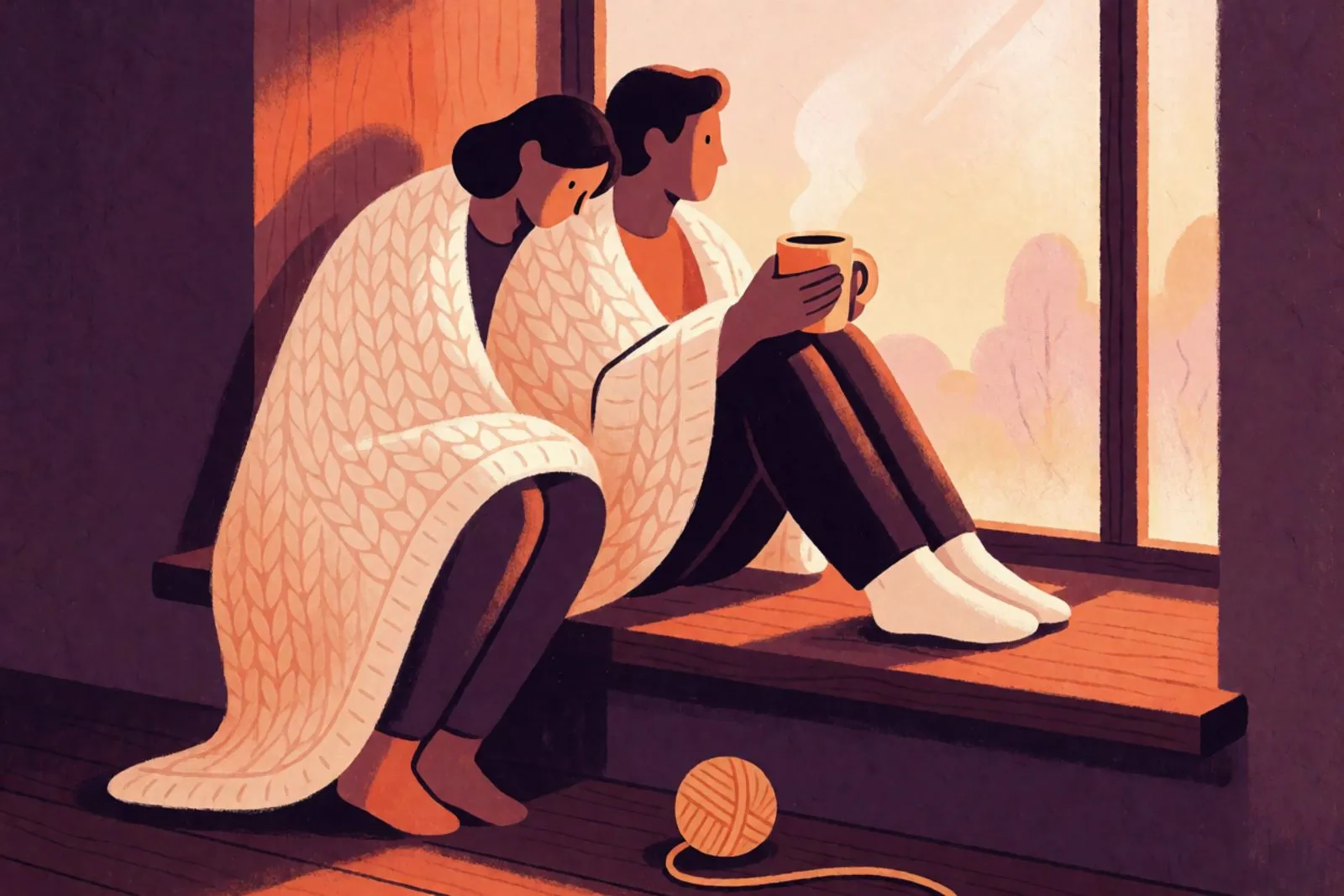 Two people on opposite ends of a sofa, each turned slightly toward their own side, a loose orange thread lying across the cushion between them.