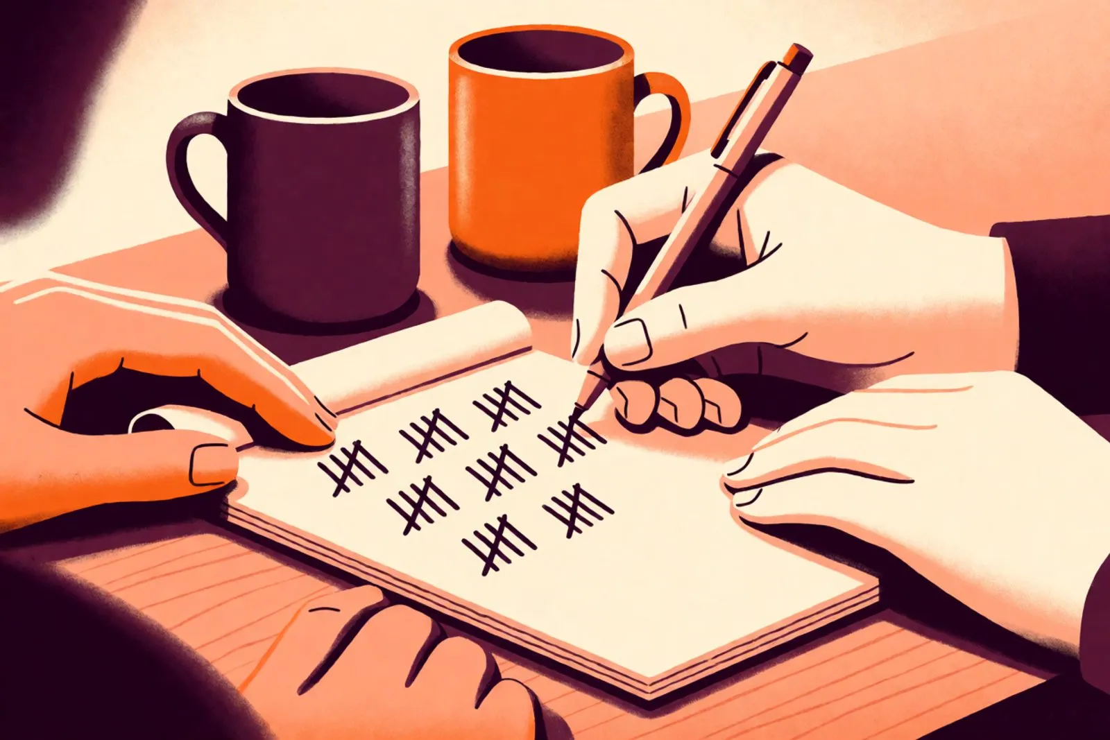 Two people at a kitchen table with a notepad of pencil tally marks, two mugs and a folded paper slip between them.