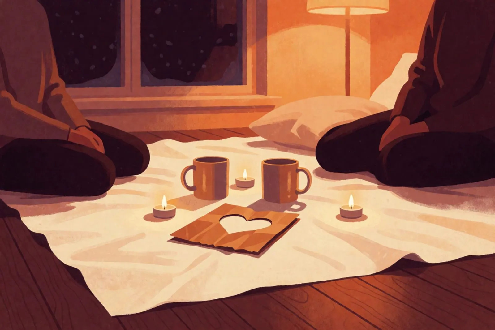 Two mugs and a paper heart cut from a grocery bag on a bedsheet spread over a living-room floor, a dark winter window behind and warm orange lamp light.