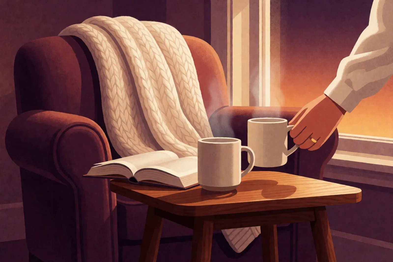 An armchair by the window in the evening, a book left face down and a hand with a wedding ring setting a mug on the side table