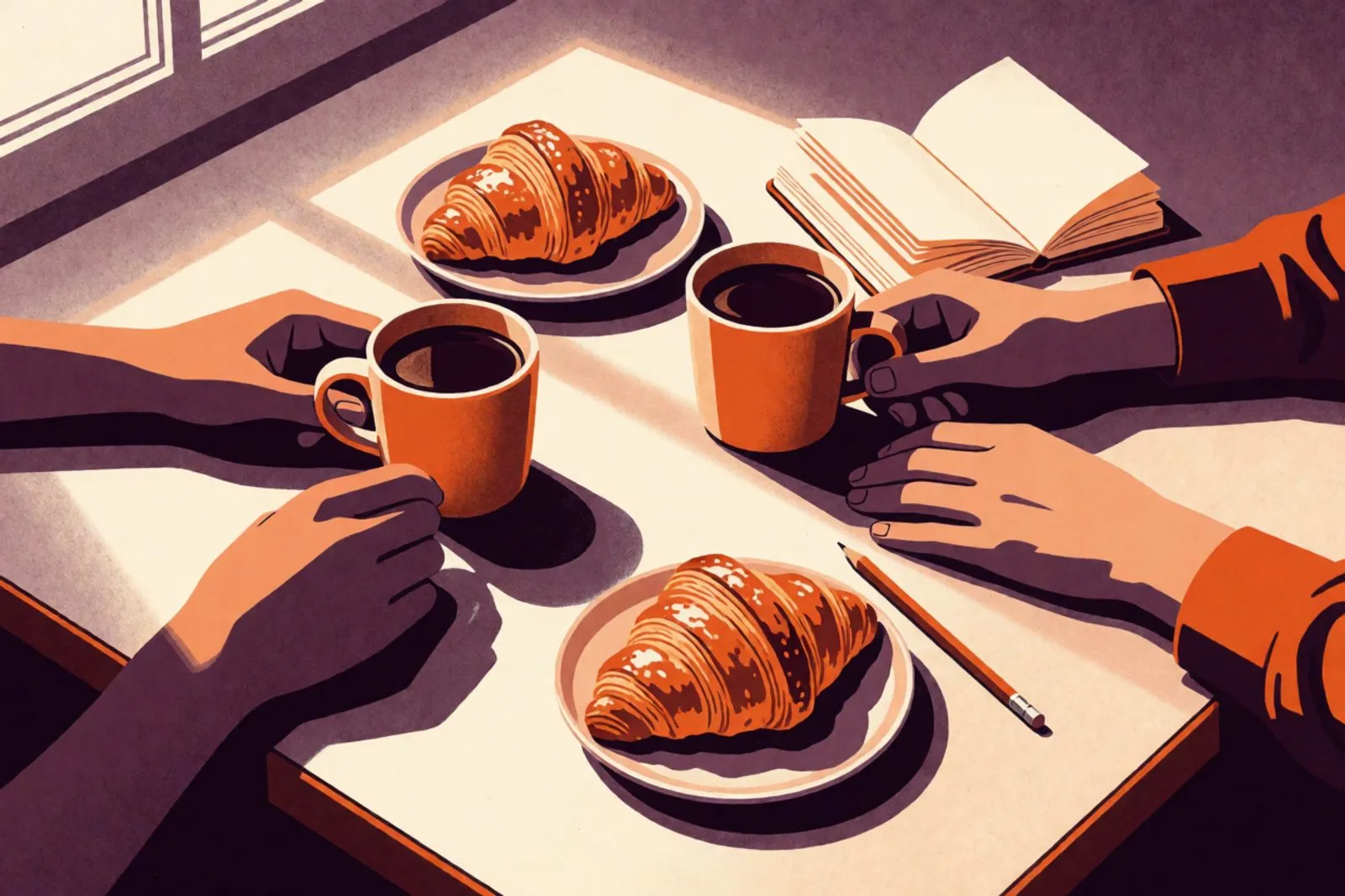 Two mugs and a small blank notebook on a sofa arm in soft evening light, a couple's hands resting close by.