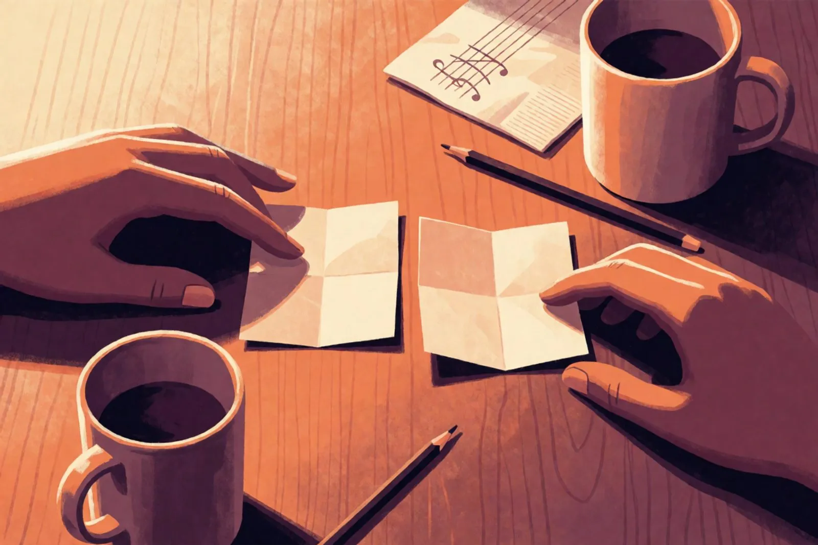 Two people at a table each folding a small paper slip, a pen and two mugs between them.