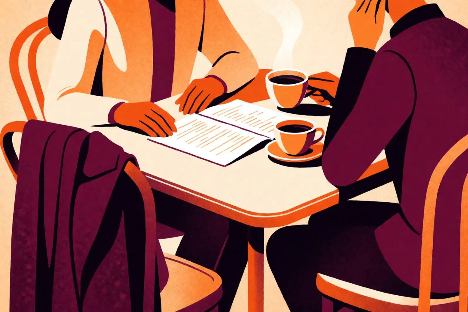 A café table with an open menu, two cups and a coat over the back of a chair, an evening before the first date begins.