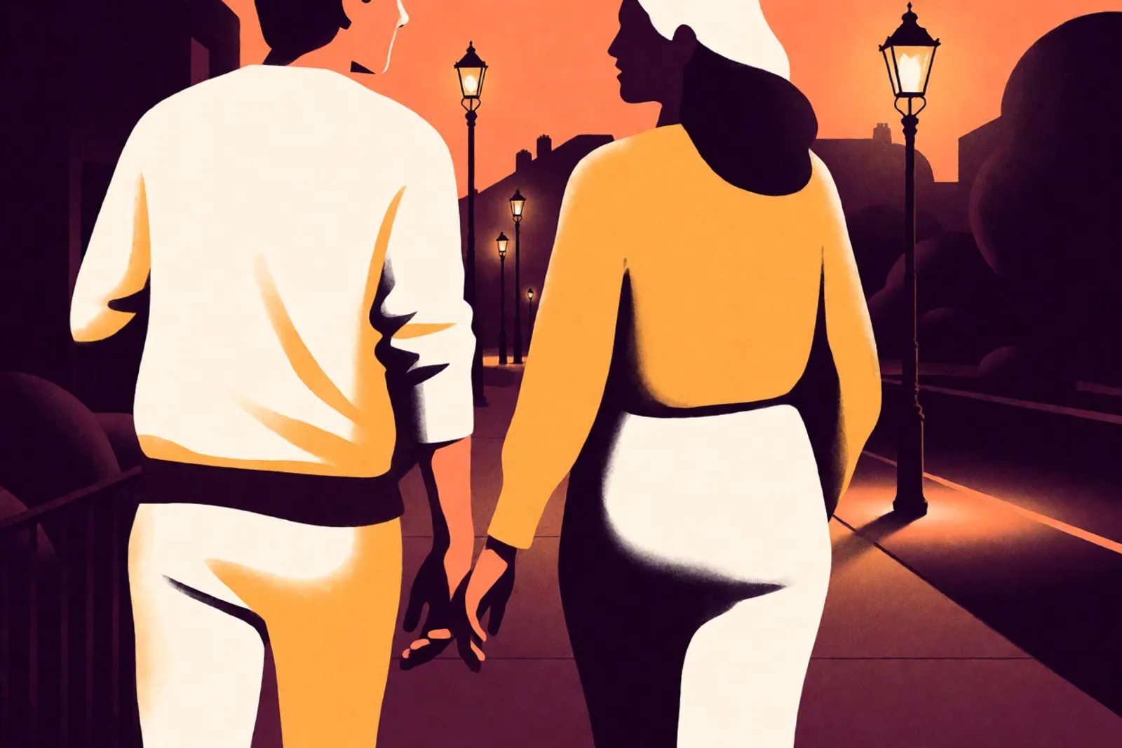 Two people walking down a quiet evening street under lit streetlamps, seen from behind, heads turned toward each other, hands almost touching.