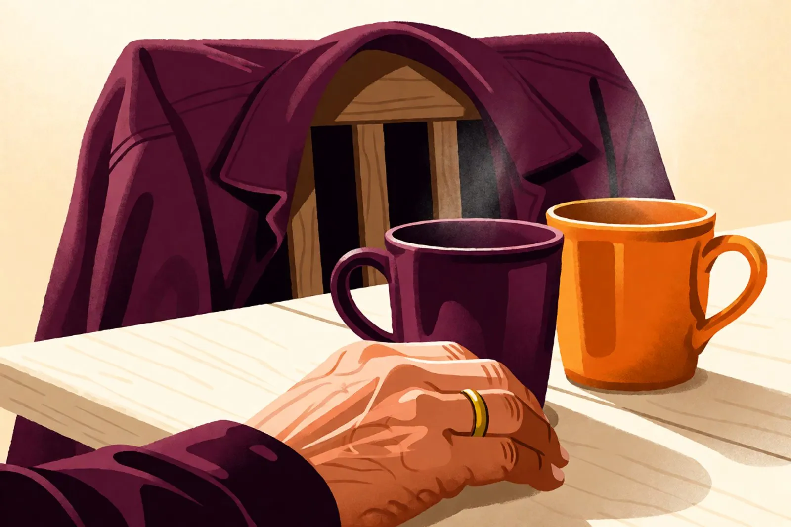 Two mugs on a kitchen table in the evening, a wedding-ring hand next to a work jacket on a chair