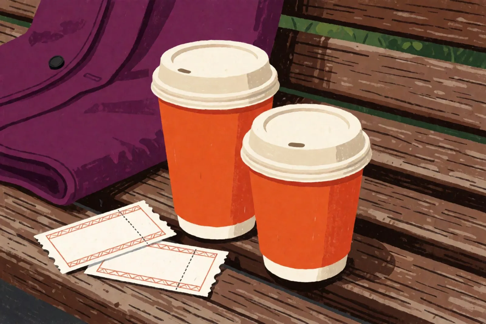 Two takeaway coffee cups and two tram tickets on a wooden park bench in late golden light.