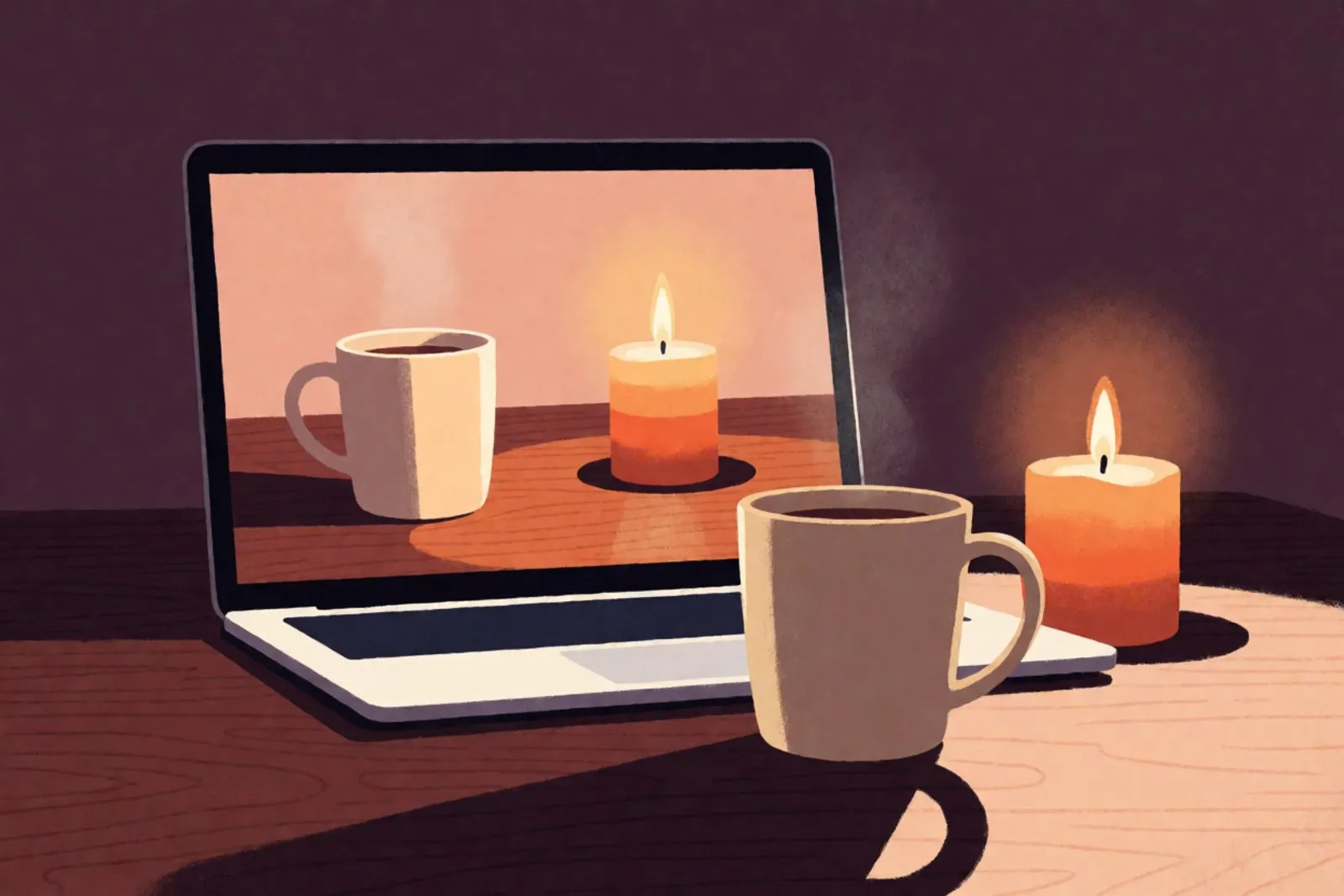 Two laptops side by side, each screen showing a hand holding a tea mug, with a thin orange thread of light running between them across the table.