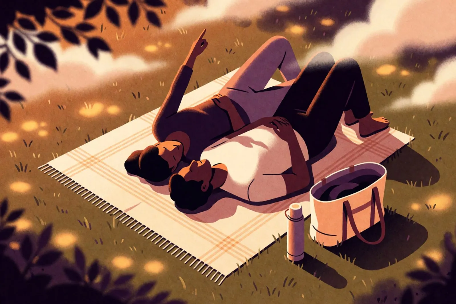Two mugs on an evening table with two phones lying face down between them and one hand resting close to the other.