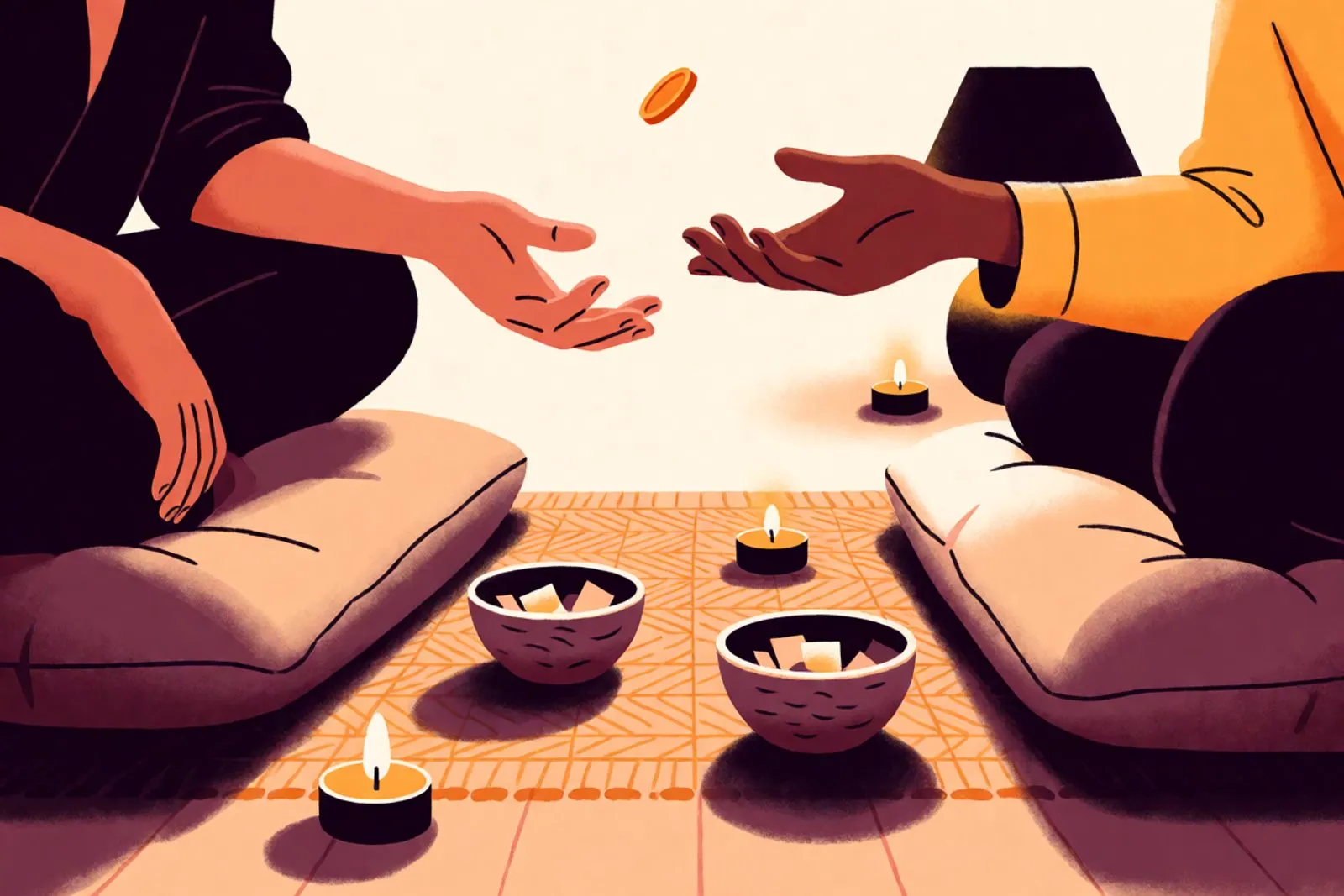 Two small bowls of folded paper slips on a living room rug between floor cushions, a coin flipping mid-air above two reaching hands, candlelight.