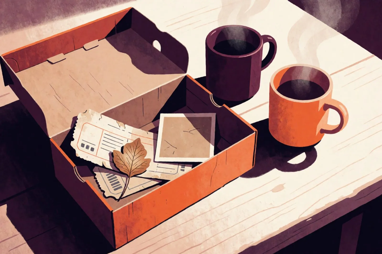 A shoebox on a wooden table with ticket stubs, a pressed leaf and two hands reaching for the same photo, warm evening light.