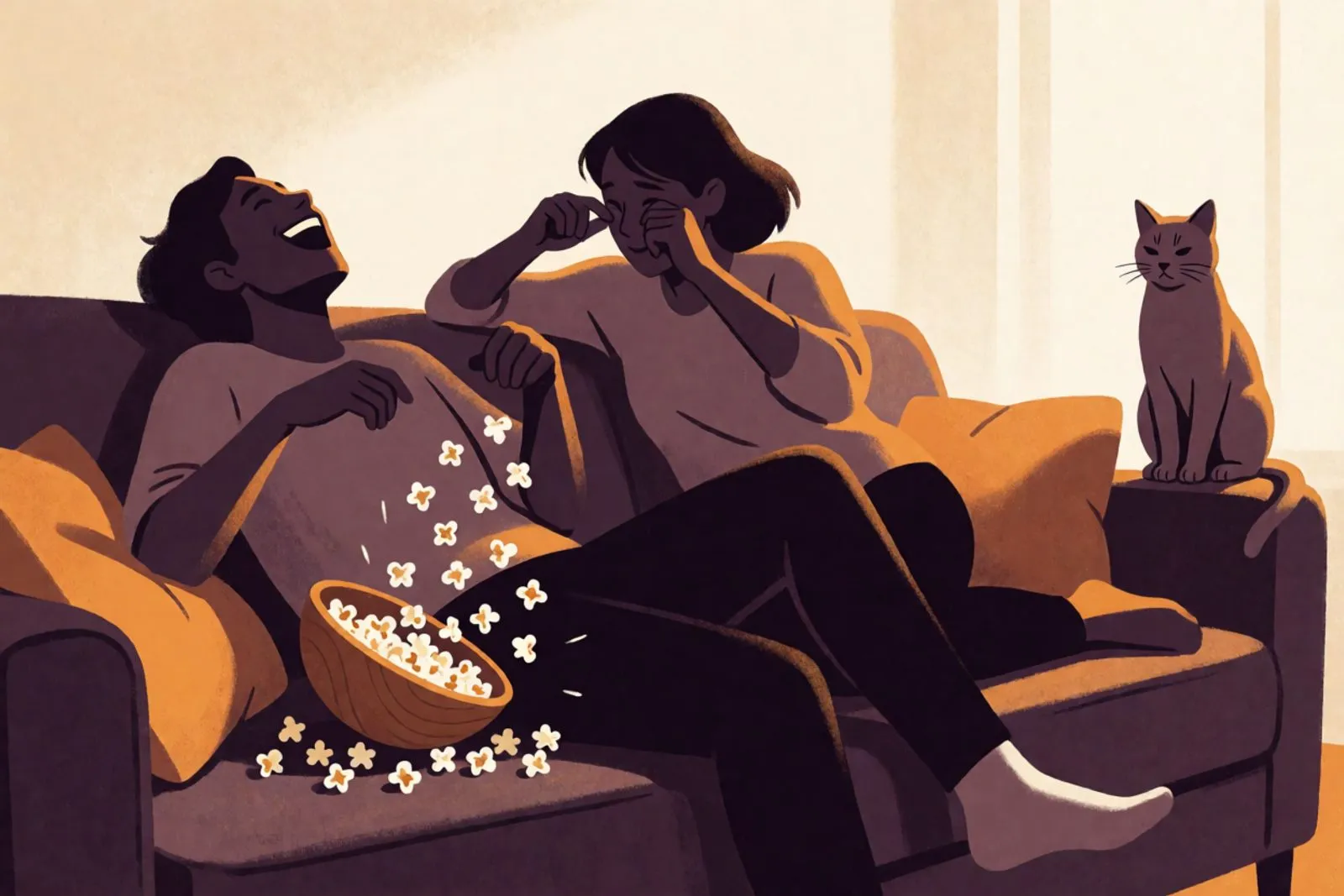 Two people on a couch, faces out of frame, one holding a folded paper note and both mid-laugh, a pair of mugs and a throw pillow between them.