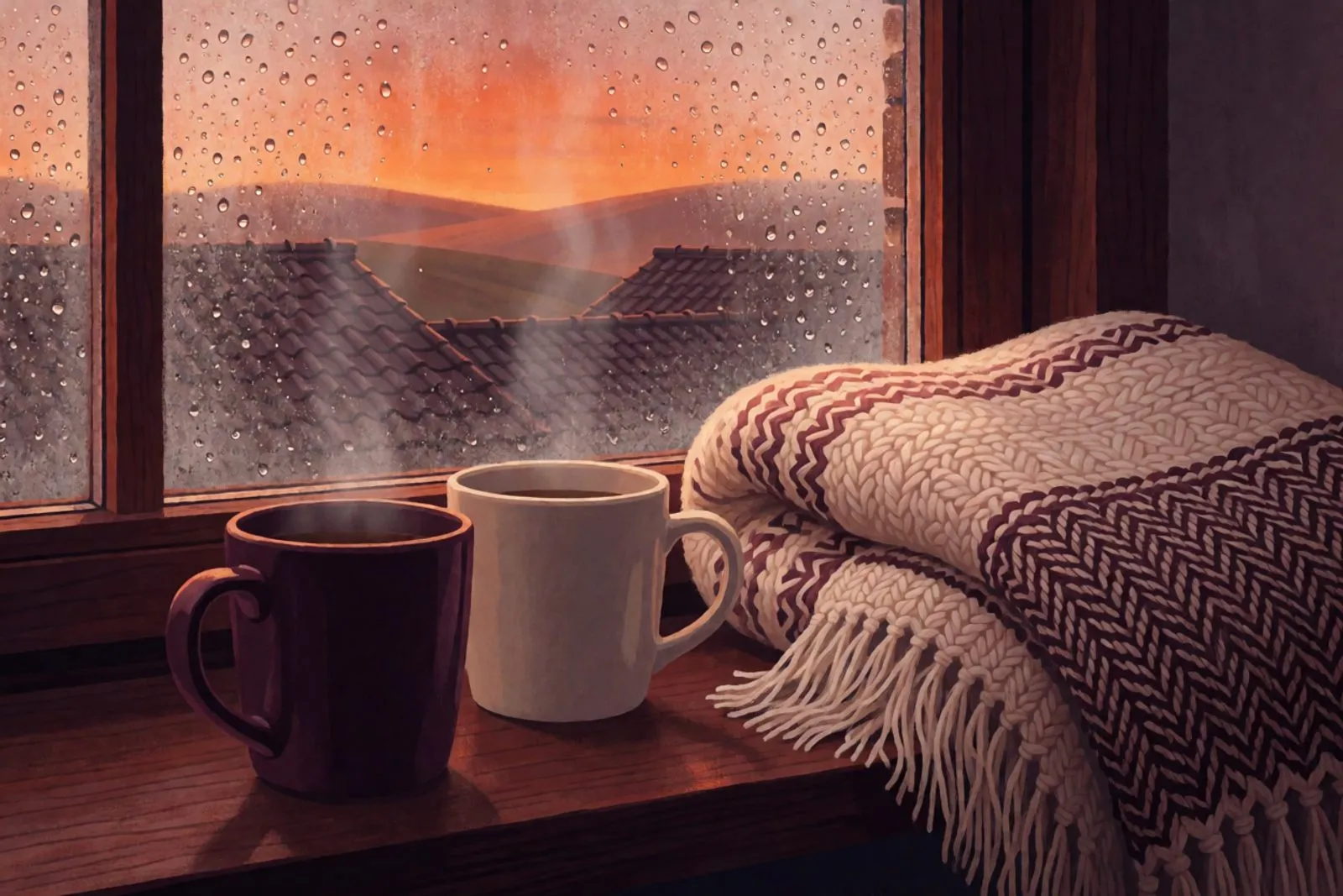 Dos tazas y una manta doblada junto a una ventana empañada, con la última luz naranja de la tarde afuera.
