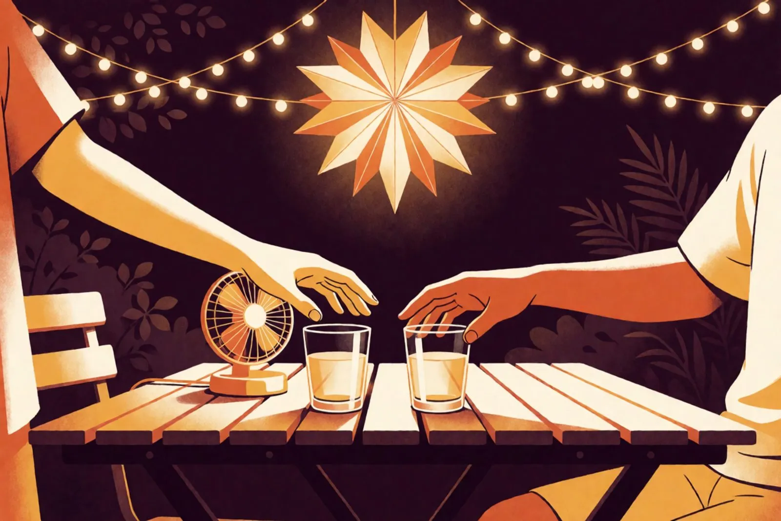 Un farol de papel en forma de estrella, dos vasos y un ventilador en un patio en una noche de verano, con luces cálidas colgadas arriba.