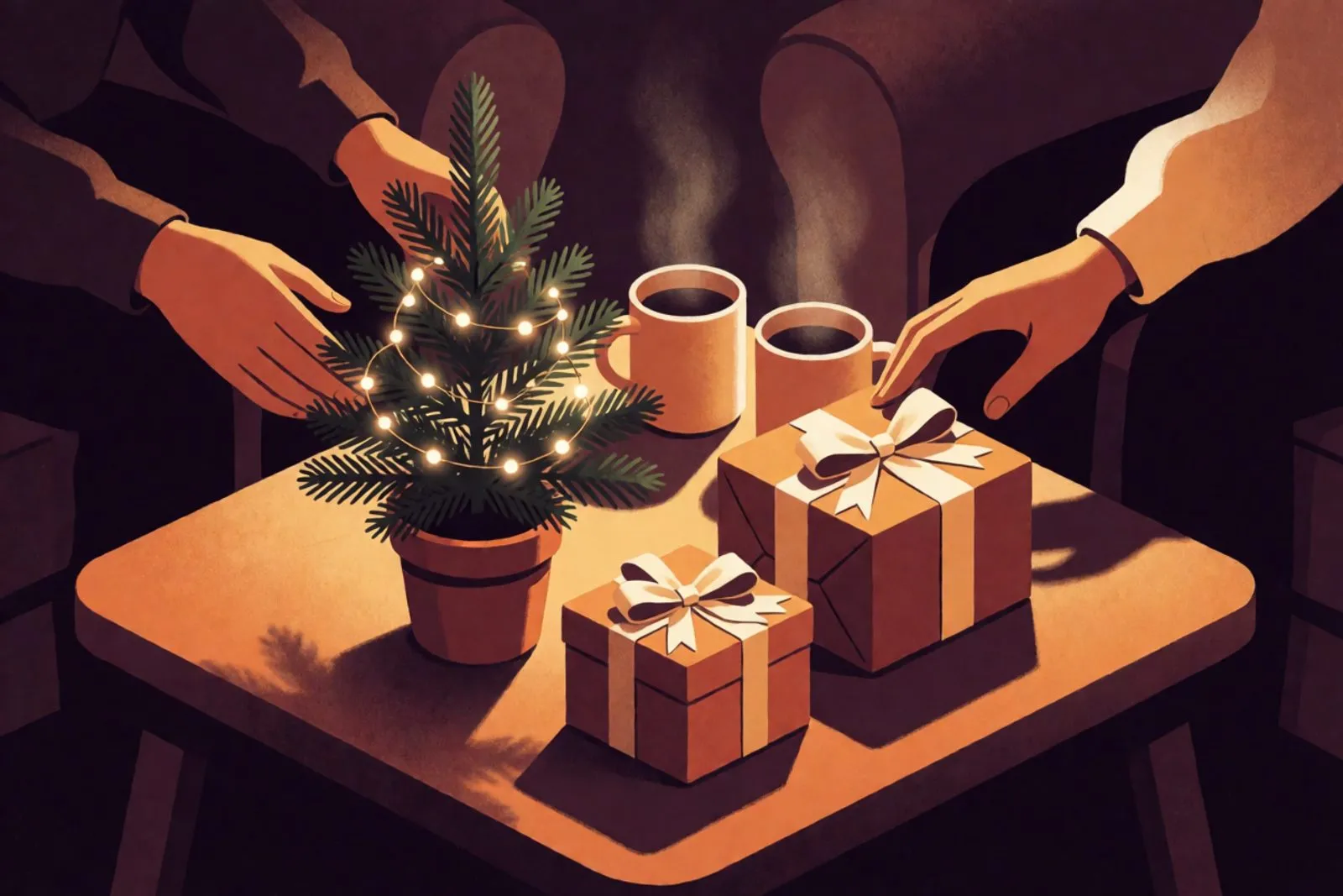 A tiny tree with string lights on a table, two wrapped gifts beside it and warm orange light in a dark room.