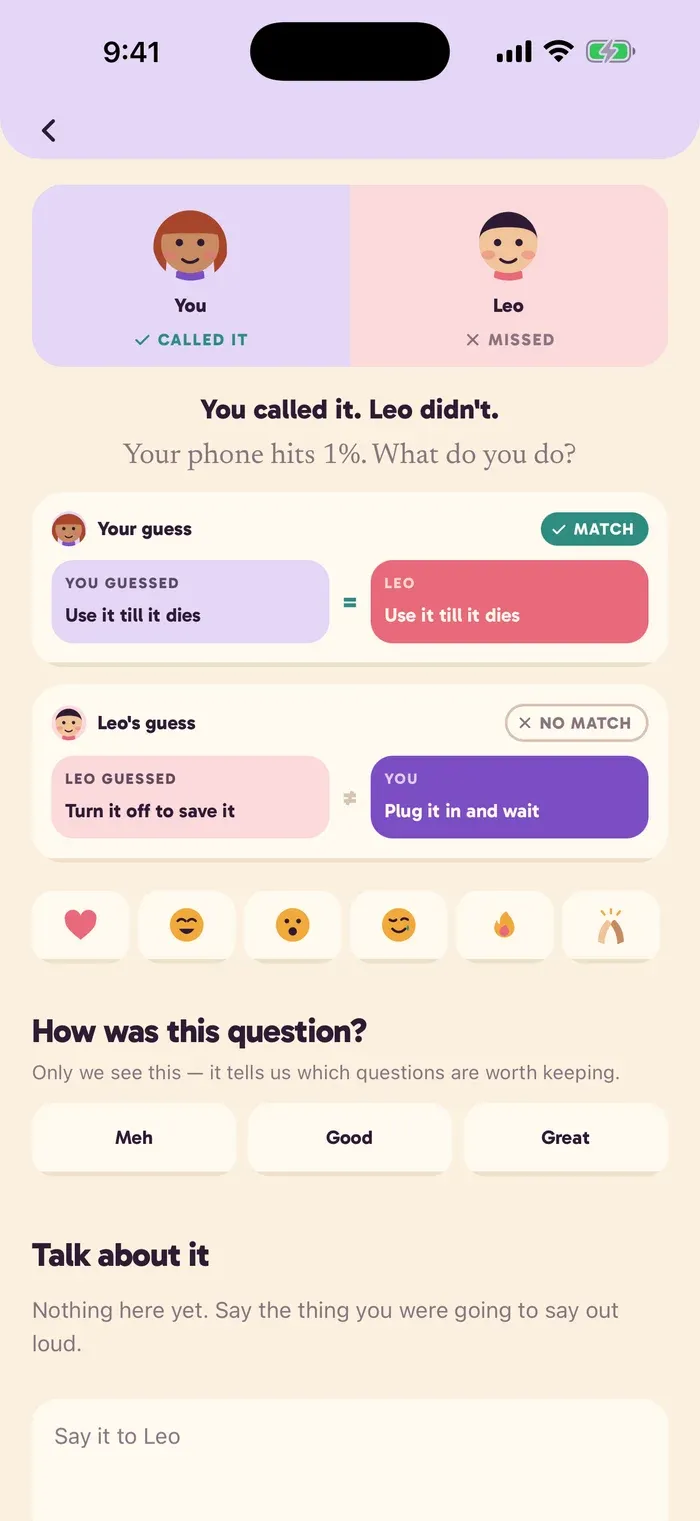 Twosies reveal screen: one of you called the other’s answer, the other one missed